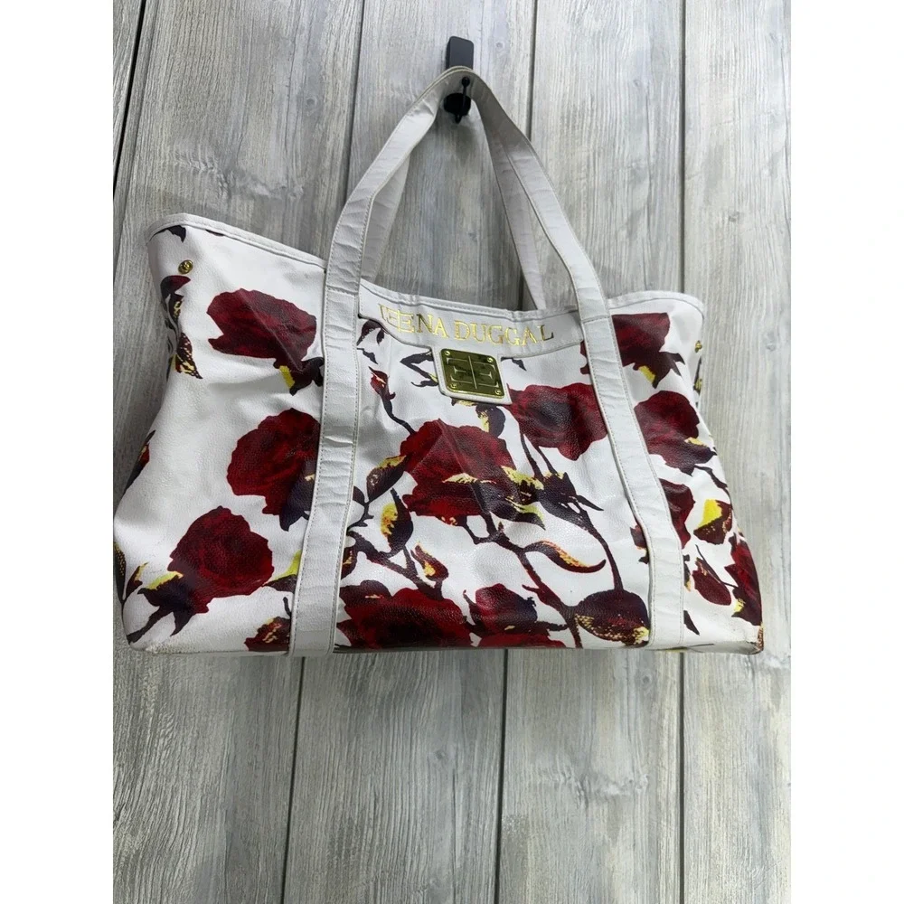 Ieena Duggal White Red Rose Floral Tote Bag Large Gold Hardware Shoulder Bag